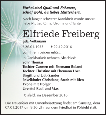 Traueranzeige von Elfriede Freiberg von Mitteldeutsche Zeitung Sangerhausen