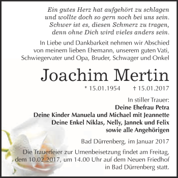 Traueranzeige von Joachim Mertin von Super Sonntag Merseburg