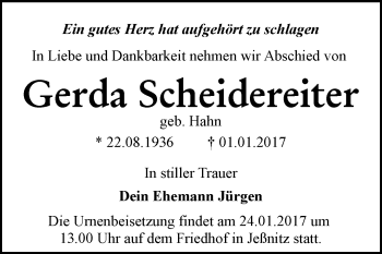 Traueranzeige von Gerda Scheidereiter von WVG - Wochenspiegel Bitterfeld