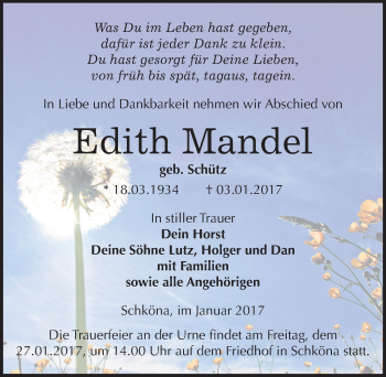 Traueranzeige von Edith Mandel von Mitteldeutsche Zeitung Wittenberg