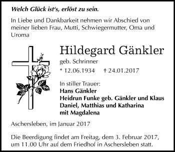 Traueranzeige von Hildegard Gänkler von Mitteldeutsche Zeitung Aschersleben