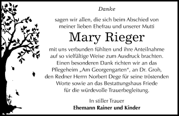 Traueranzeige von Mary Rieger von Mitteldeutsche Zeitung Dessau-Roßlau
