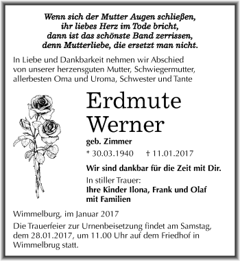 Traueranzeige von Erdmute Werner von Mitteldeutsche Zeitung Mansfelder Land