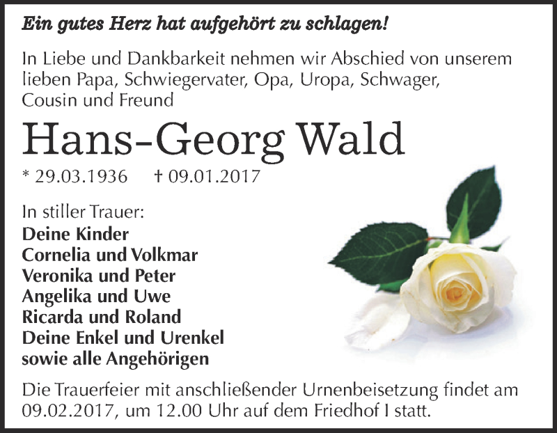  Traueranzeige für Hans-Georg Wald vom 28.01.2017 aus LDES,LKTN