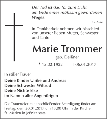 Traueranzeige von Marie Trommer von WVG - Wochenspiegel Bitterfeld