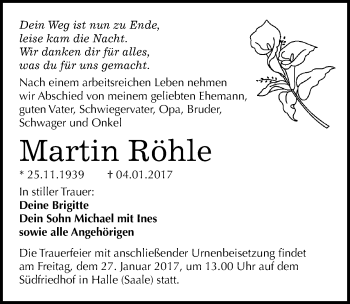 Traueranzeige von Martin Röhle von Mitteldeutsche Zeitung Halle/Saalkreis