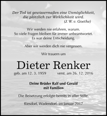 Traueranzeige von Dieter Renker von Mitteldeutsche Zeitung Köthen