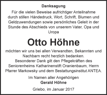 Traueranzeige von Otto Höhne von Super Sonntag Wittenberg