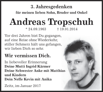 Traueranzeige von Andreas Tropschuh von Super Sonntag Zeitz