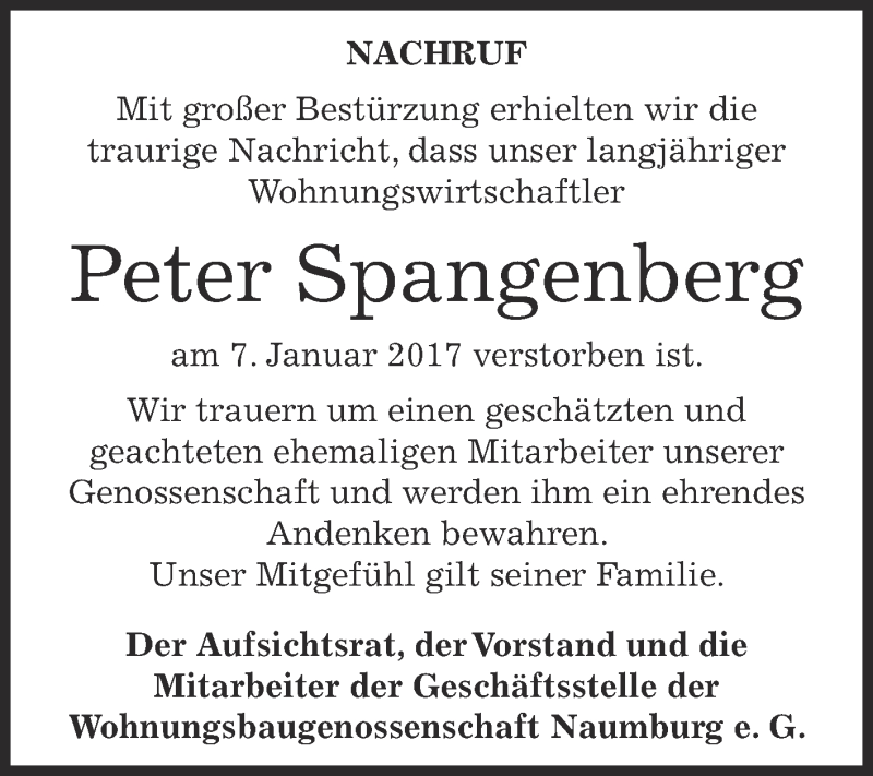  Traueranzeige für Peter Spangenberg vom 25.01.2017 aus WVG - Wochenspiegel NMB / WSF / ZTZ