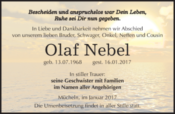 Traueranzeige von Olaf Nebel von Mitteldeutsche Zeitung Merseburg/Querfurt