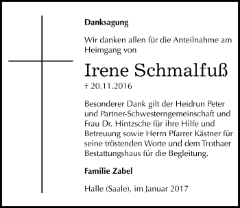 Traueranzeige von Irene Schmalfuß von Mitteldeutsche Zeitung Halle/Saalkreis