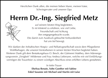 Traueranzeige von Siegfried Metz von WVG - Wochenspiegel Dessau / Köthen