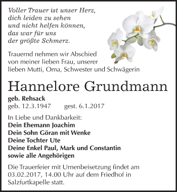 Traueranzeige von Hannelore Grundmann von Mitteldeutsche Zeitung Bitterfeld