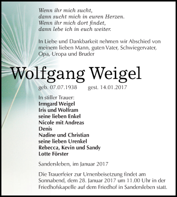 Traueranzeige von Wolfgang Weigel von Wochenspiegel Mansfelder Land
