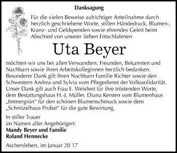 Traueranzeige von Uta Beyer von Mitteldeutsche Zeitung Aschersleben