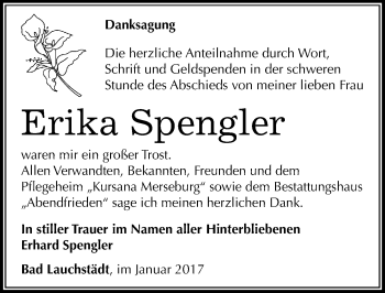 Traueranzeige von Erika Spengler von Mitteldeutsche Zeitung Merseburg/Querfurt