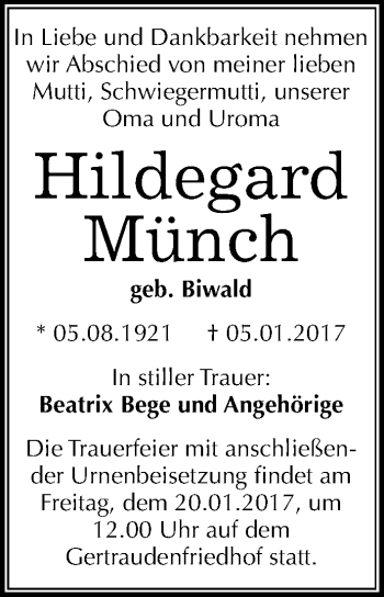 Traueranzeige von Hildegard Münch von Mitteldeutsche Zeitung Halle/Saalkreis