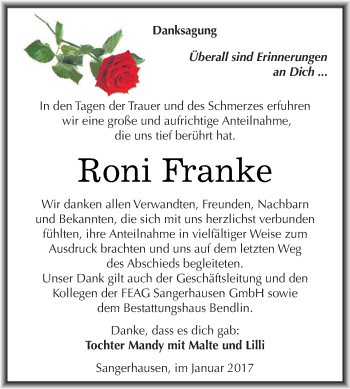 Traueranzeige von Roni Franke von Super Sonntag SGH Mansf. Land