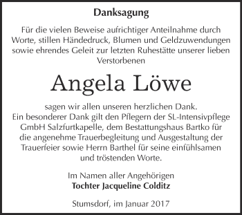 Traueranzeige von Angela Löwe von WVG - Wochenspiegel Dessau / Köthen