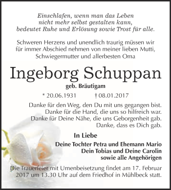 Traueranzeige von Ingeborg Schuppan von WVG - Wochenspiegel Bitterfeld