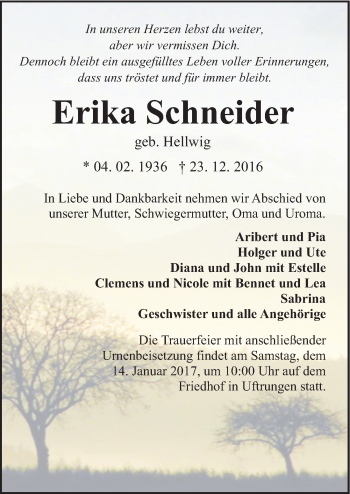 Traueranzeige von Erika Schneider von Mitteldeutsche Zeitung Sangerhausen