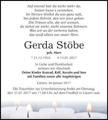 Traueranzeige von Gerda Stöbe von Super Sonntag Merseburg