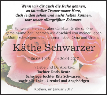 Traueranzeige von Käthe Schwarzer von WVG - Wochenspiegel Dessau / Köthen
