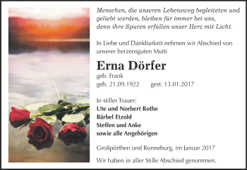 Traueranzeige von Erna Dörfer von Super Sonntag Zeitz