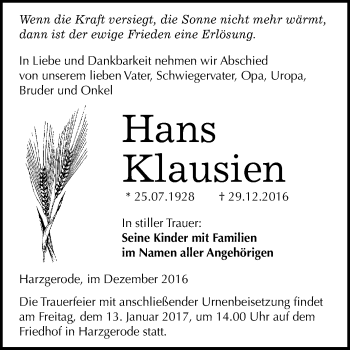 Traueranzeige von Hans Klausien von WVG - Wochenspiegel Quedlinburg