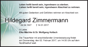 Traueranzeige von Hildegard Zimmermann von Mitteldeutsche Zeitung Halle/Saalkreis