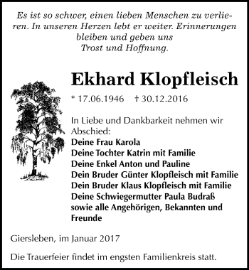 Traueranzeige von Ekhard Klopfleisch von Mitteldeutsche Zeitung Aschersleben