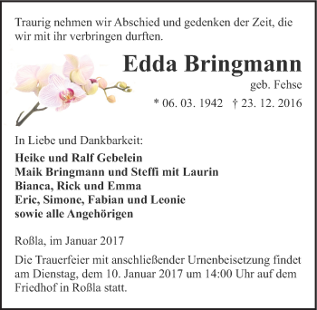 Traueranzeige von Edda Bringmann von Mitteldeutsche Zeitung Sangerhausen