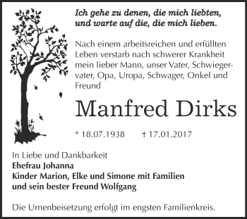 Traueranzeige von Manfred Dirks von Super Sonntag Bernburg