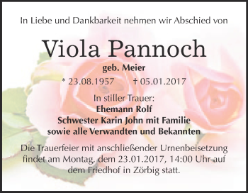 Traueranzeige von Viola Pannoch von WVG - Wochenspiegel Bitterfeld