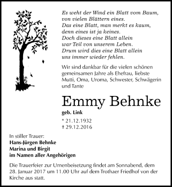 Traueranzeige von Emmy Behnke von Mitteldeutsche Zeitung Halle/Saalkreis