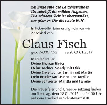 Traueranzeige von Claus Fisch von Mitteldeutsche Zeitung Köthen