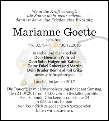 Traueranzeige von Marianne Goette von WVG - Wochenspiegel NMB / WSF / ZTZ