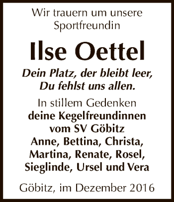 Traueranzeige von Ilse Oettel von Super Sonntag Zeitz