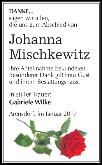 Traueranzeige von Johanna Mischkewitz von WVG - Wochenspiegel Dessau / Köthen