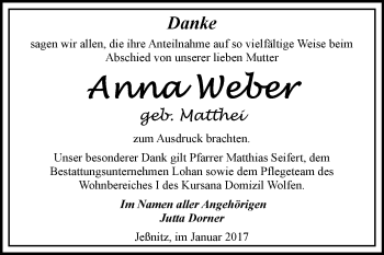 Traueranzeige von Anna Weber von WVG - Wochenspiegel Bitterfeld