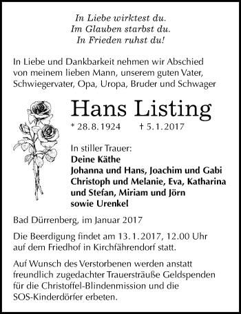 Traueranzeige von Hans Listing von Mitteldeutsche Zeitung Merseburg/Querfurt