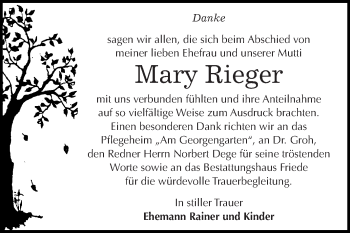 Traueranzeige von Mary Rieger von WVG - Wochenspiegel Dessau / Köthen