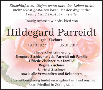 Traueranzeige von Hildegard Parreidt von Mitteldeutsche Zeitung Bitterfeld