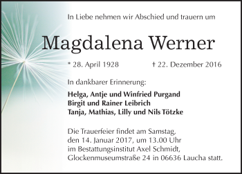 Traueranzeige von Magdalena Werner von Mitteldeutsche Zeitung Naumburg/Nebra