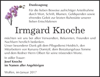 Traueranzeige von Irmgard Knoche von WVG - Wochenspiegel Bitterfeld