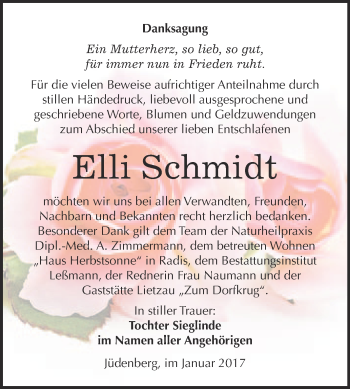 Traueranzeige von Elli Schmidt von WVG - Wochenspiegel Wittenberg