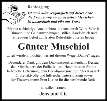 Traueranzeige von Günter Muschiol von WVG - Wochenspiegel Dessau / Köthen