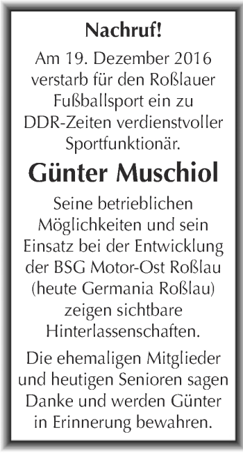 Traueranzeige von Günter Muschiol von WVG - Wochenspiegel Dessau / Köthen