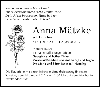 Traueranzeige von Anna Mätzke von Mitteldeutsche Zeitung Halle/Saalkreis